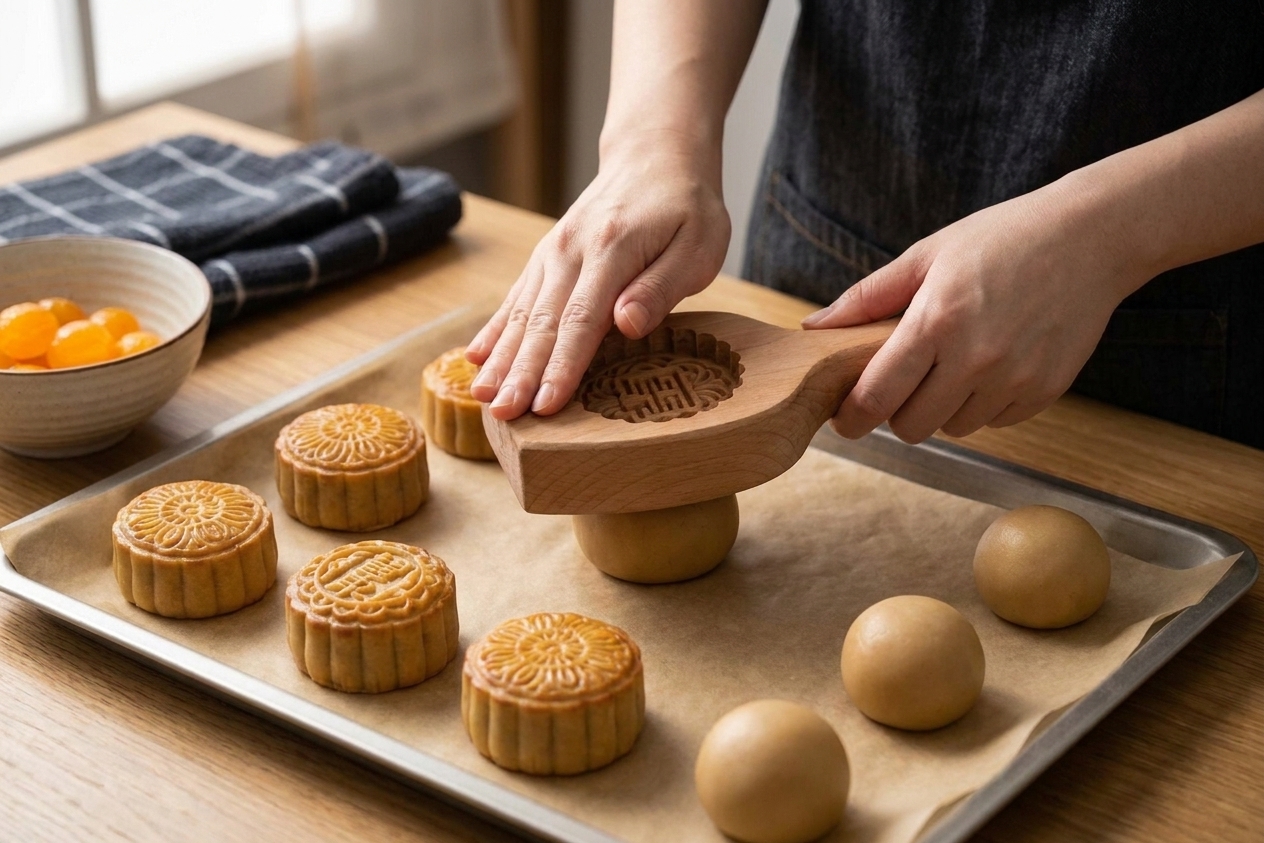 A person pressing a mooncake mold onto a filled dough ball on a parchment lined baking sheet in a bright home kitchen