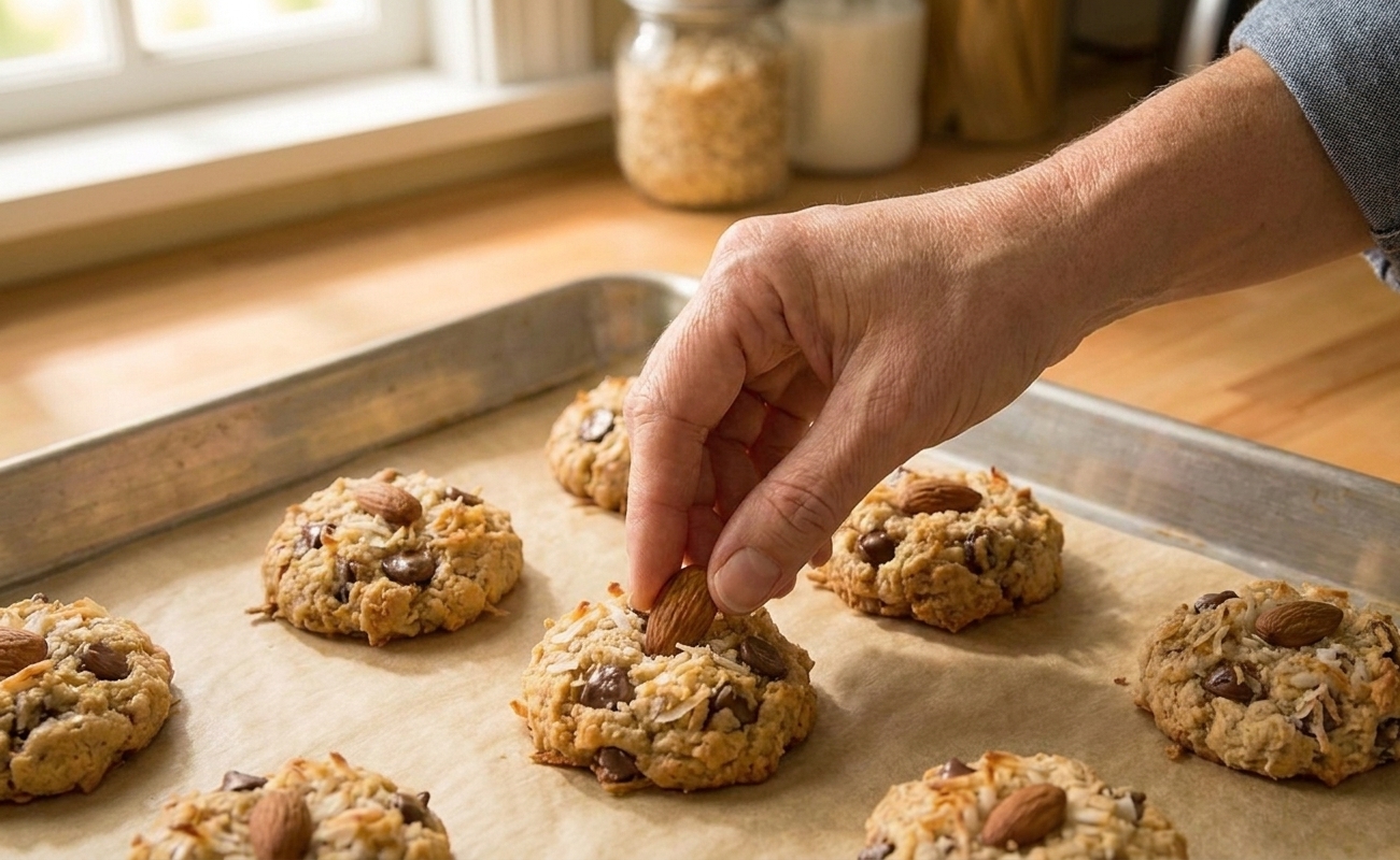 A person pressing a whole almond into the top of a scooped cookie dough ball on a parchment-lined baking sheet under warm kitchen lighting
