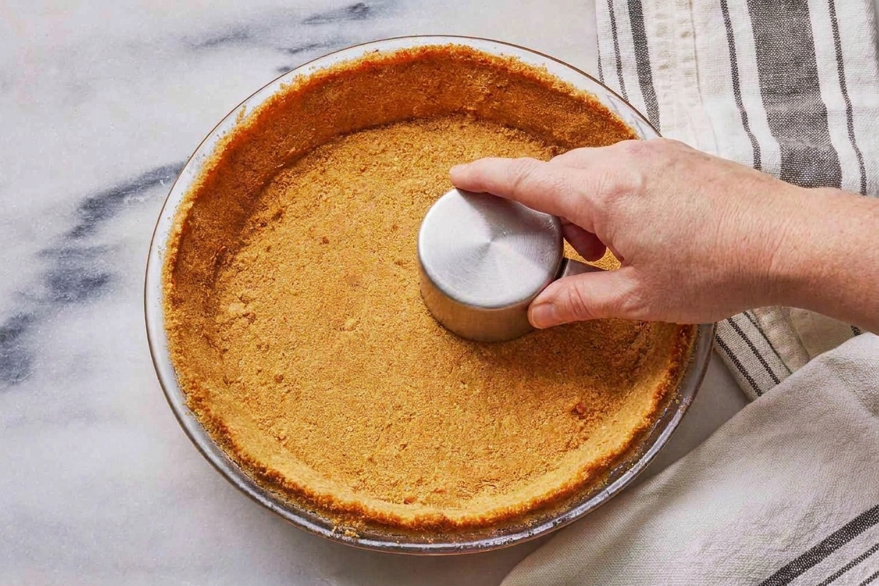 A person pressing graham cracker crumbs firmly into a glass pie dish using the bottom of a measuring cup on a kitchen counter