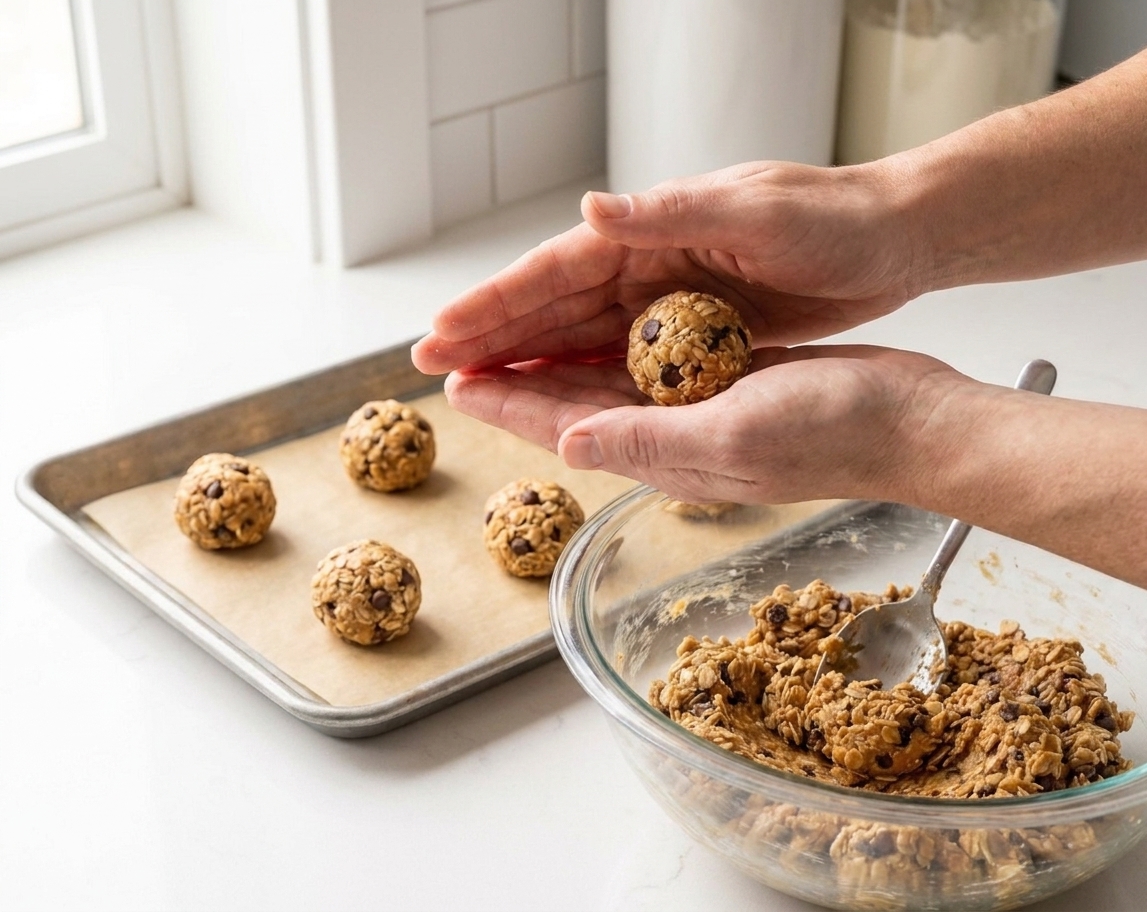 A person rolling protein ball dough between their palms over a parchment-lined sheet pan in a home kitchen