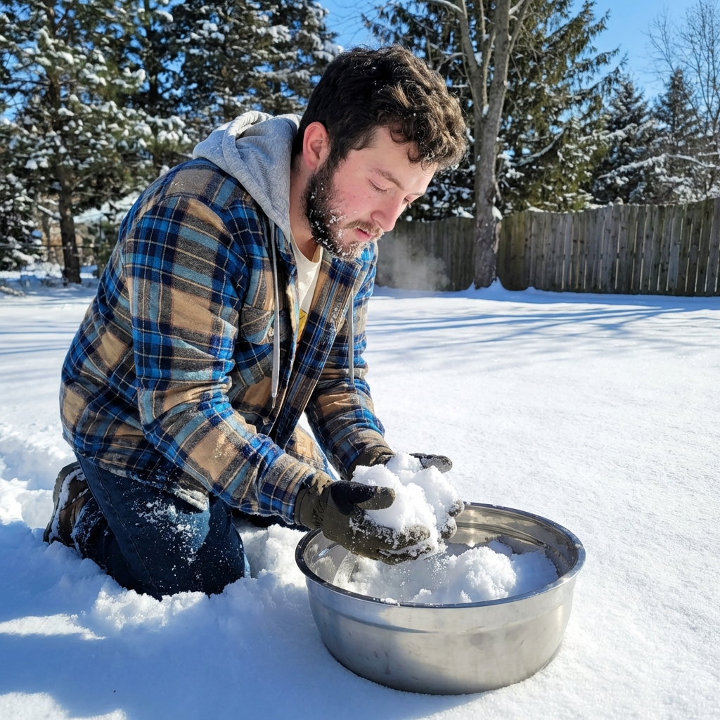 A person scooping fresh clean snow into a large mixing bowl outdoors