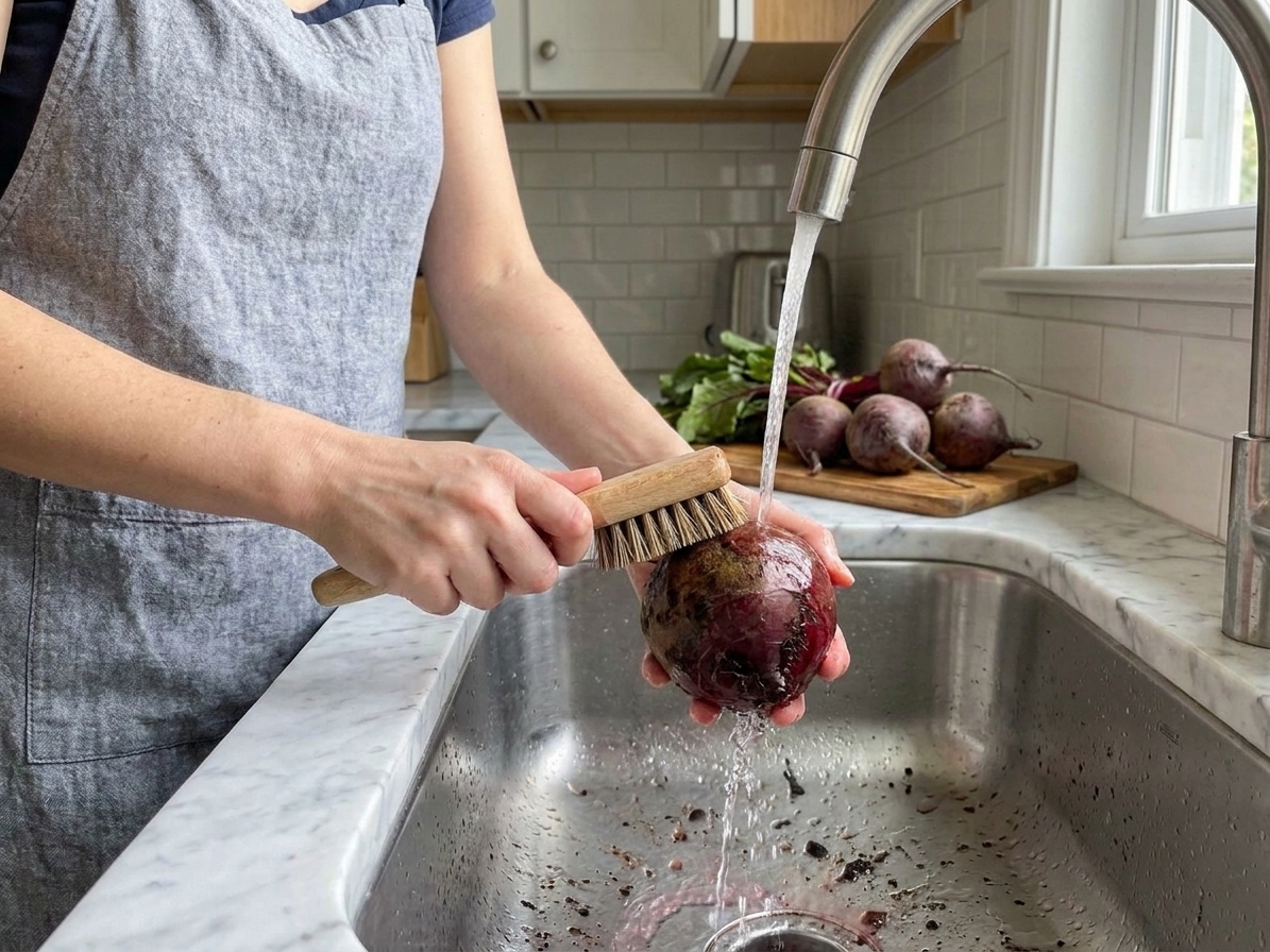 A person scrubbing raw beets under running water in a stainless steel sink, with a vegetable brush and a cutting board nearby