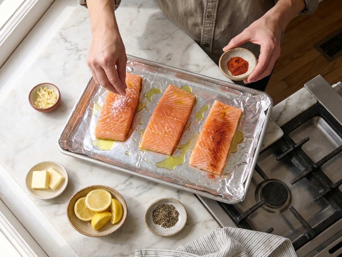 A person seasoning salmon fillets with salt and spices on a foil lined sheet pan on a home kitchen counter, hands visible