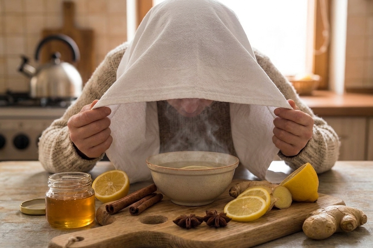 A person seated at a kitchen table leaning over a bowl of steaming water with a towel tent, keeping a safe distance from the bowl