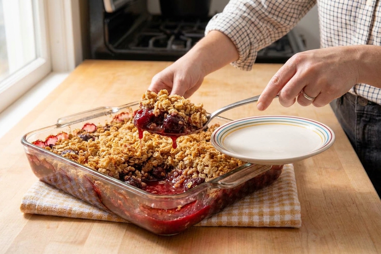 A person serving cherry crisp from a baking dish with a large spoon, showing the juicy cherry filling and crumbly oat topping