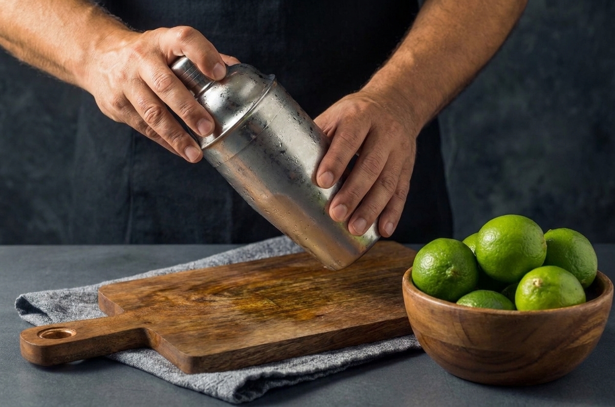 A person shaking a metal cocktail shaker over a kitchen counter with a bowl of limes nearby under warm indoor lighting
