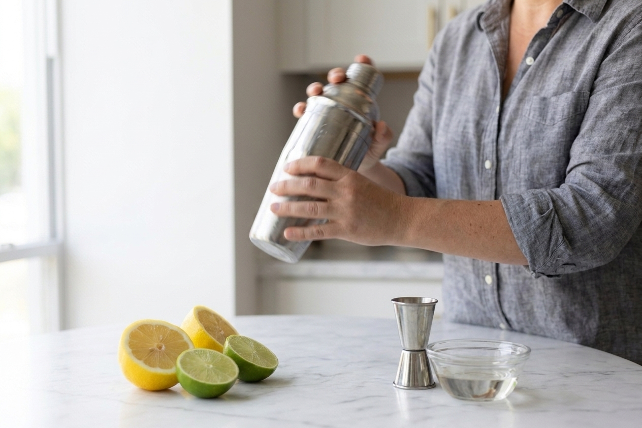 A person shaking a stainless steel cocktail shaker over a kitchen counter with citrus halves and a jigger nearby