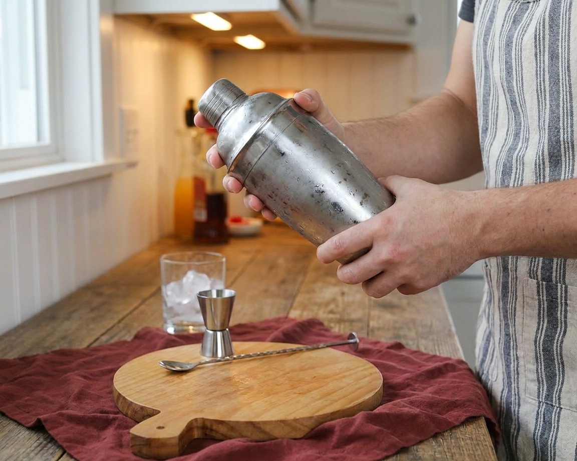 A person shaking a stainless steel cocktail shaker over a kitchen counter with warm indoor lighting