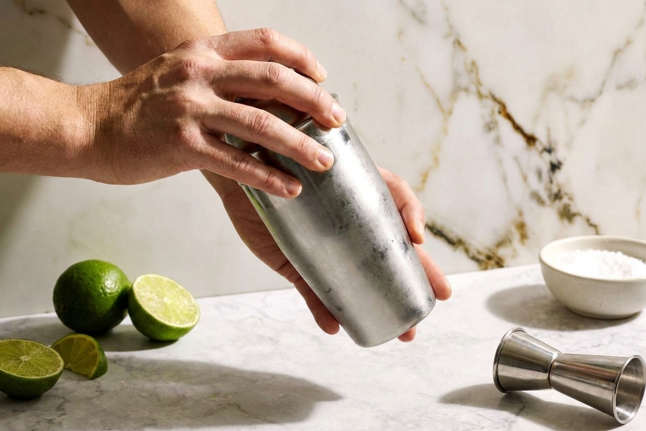 A person shaking a stainless steel cocktail shaker with limes and a jigger nearby in a home kitchen