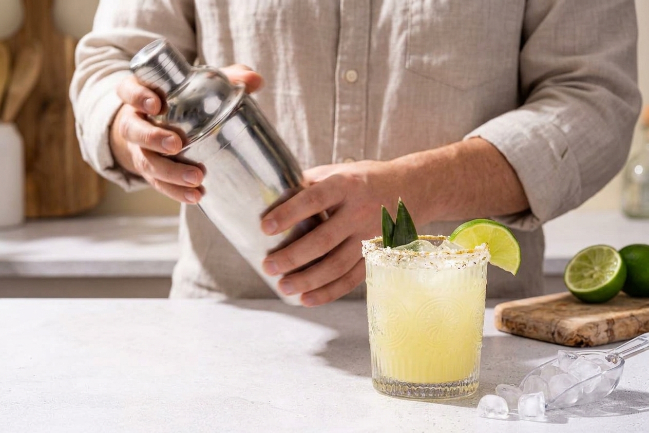 A person shaking a stainless steel cocktail shaker over a kitchen counter with a prepared rocks glass and ice nearby