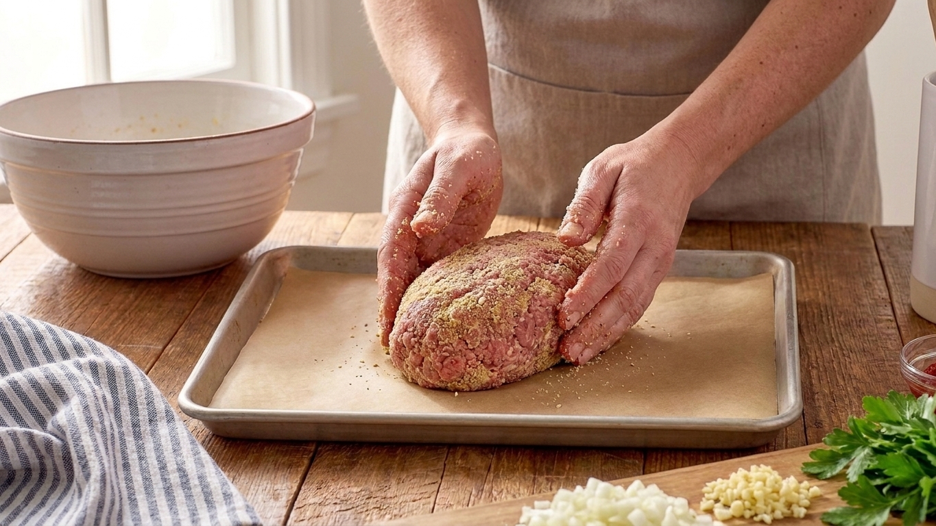 A person shaping an oval Italian meatloaf on a parchment-lined sheet pan on a home kitchen counter