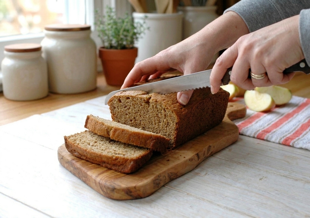A person slicing a cooled loaf of applesauce bread on a cutting board with a serrated knife in a home kitchen