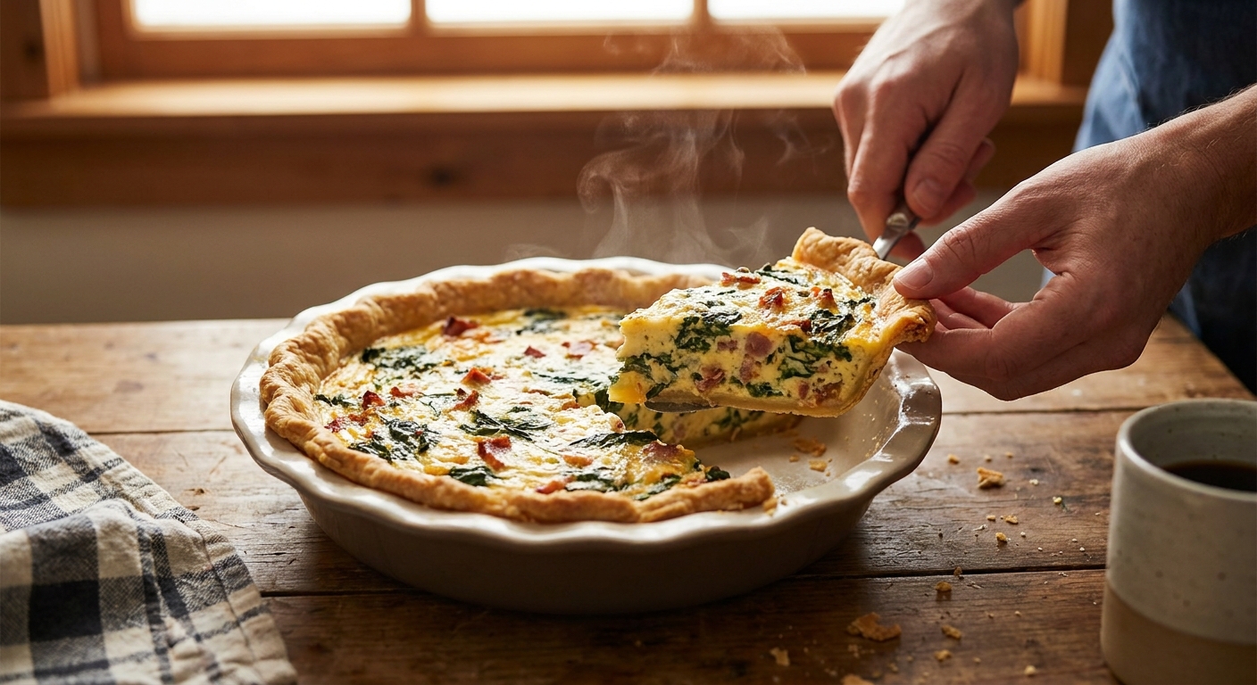 A person slicing a freshly baked quiche in a pie dish on a kitchen table, showing a creamy set center and golden crust, cozy home lighting