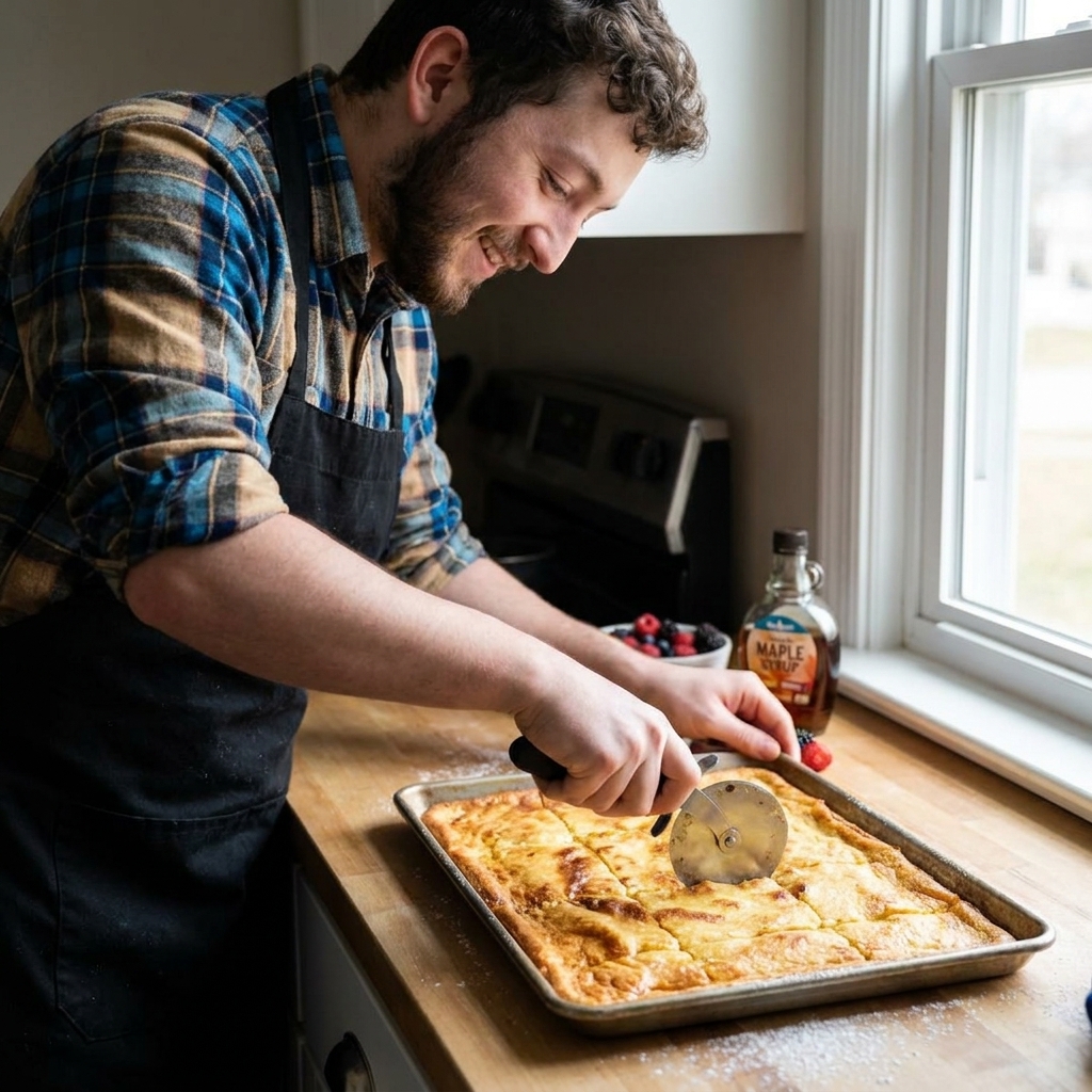 A person slicing a golden oven-baked sheet pan pancake into neat squares with a pizza cutter on a countertop, real food photography style