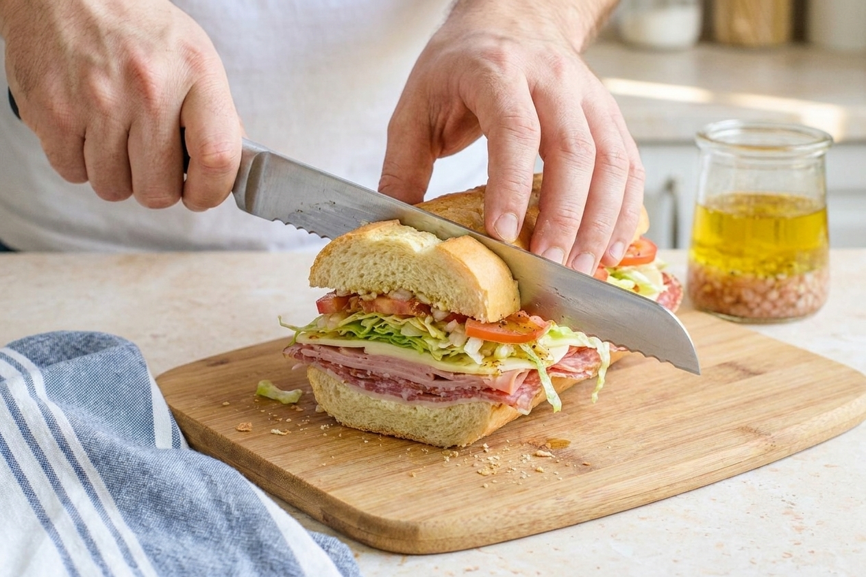 A person slicing an Italian sub in half on a wooden cutting board, with visible layers of meat, cheese, lettuce, and tomatoes