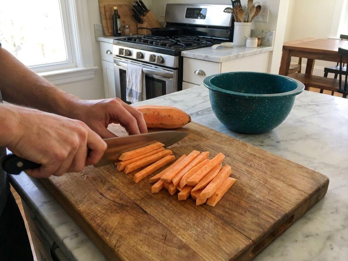 A person slicing sweet potatoes into even fry-shaped sticks on a wooden cutting board in a bright home kitchen