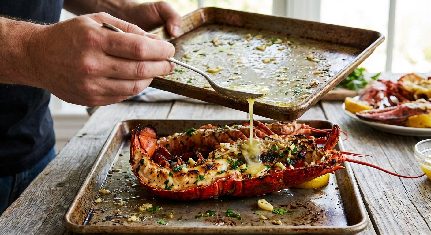 A person spooning melted garlic butter from a sheet pan over a freshly broiled lobster tail