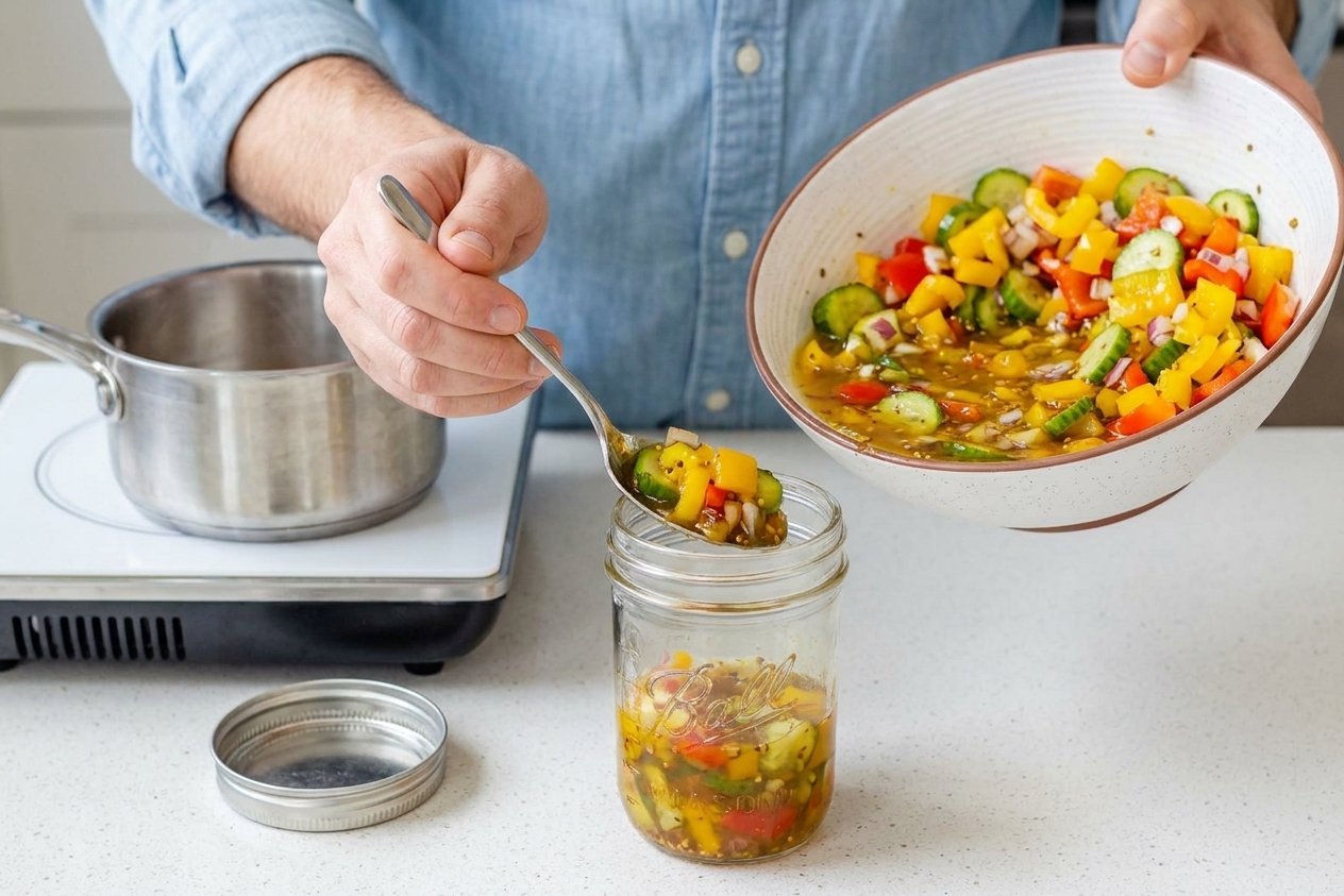A person spooning warm sweet pickle relish into a clean glass jar on a kitchen counter with a lid nearby