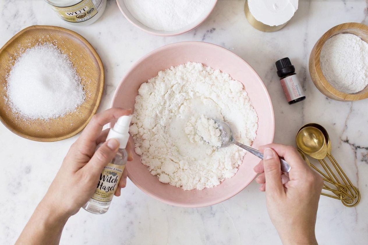 A person spraying witch hazel into a bowl of bath bomb mixture while stirring with a spoon