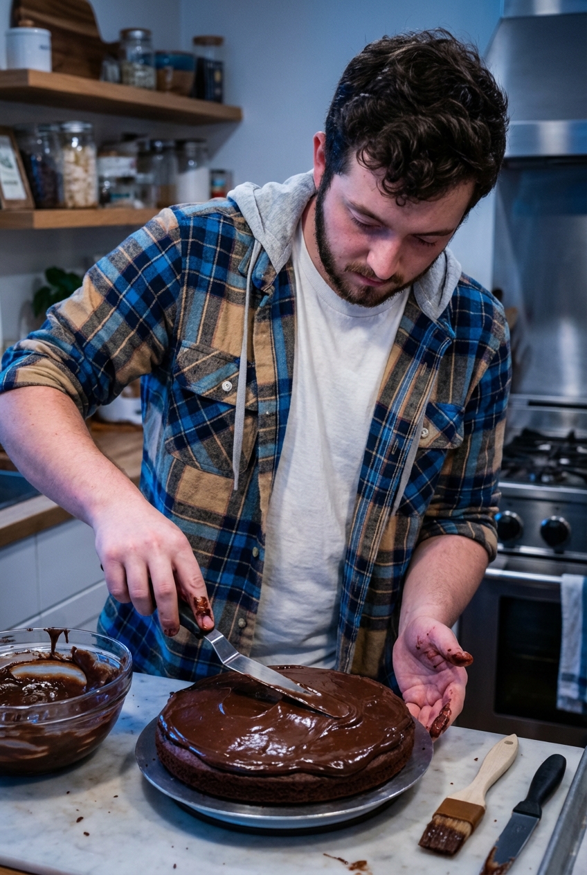 A person spreading chocolate ganache over the top of a chocolate cake layer with an offset spatula