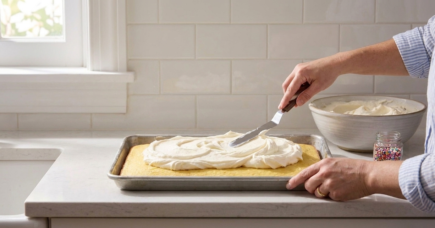 A person spreading whipped vanilla frosting over a cooled sheet cake in a rectangular pan using an offset spatula