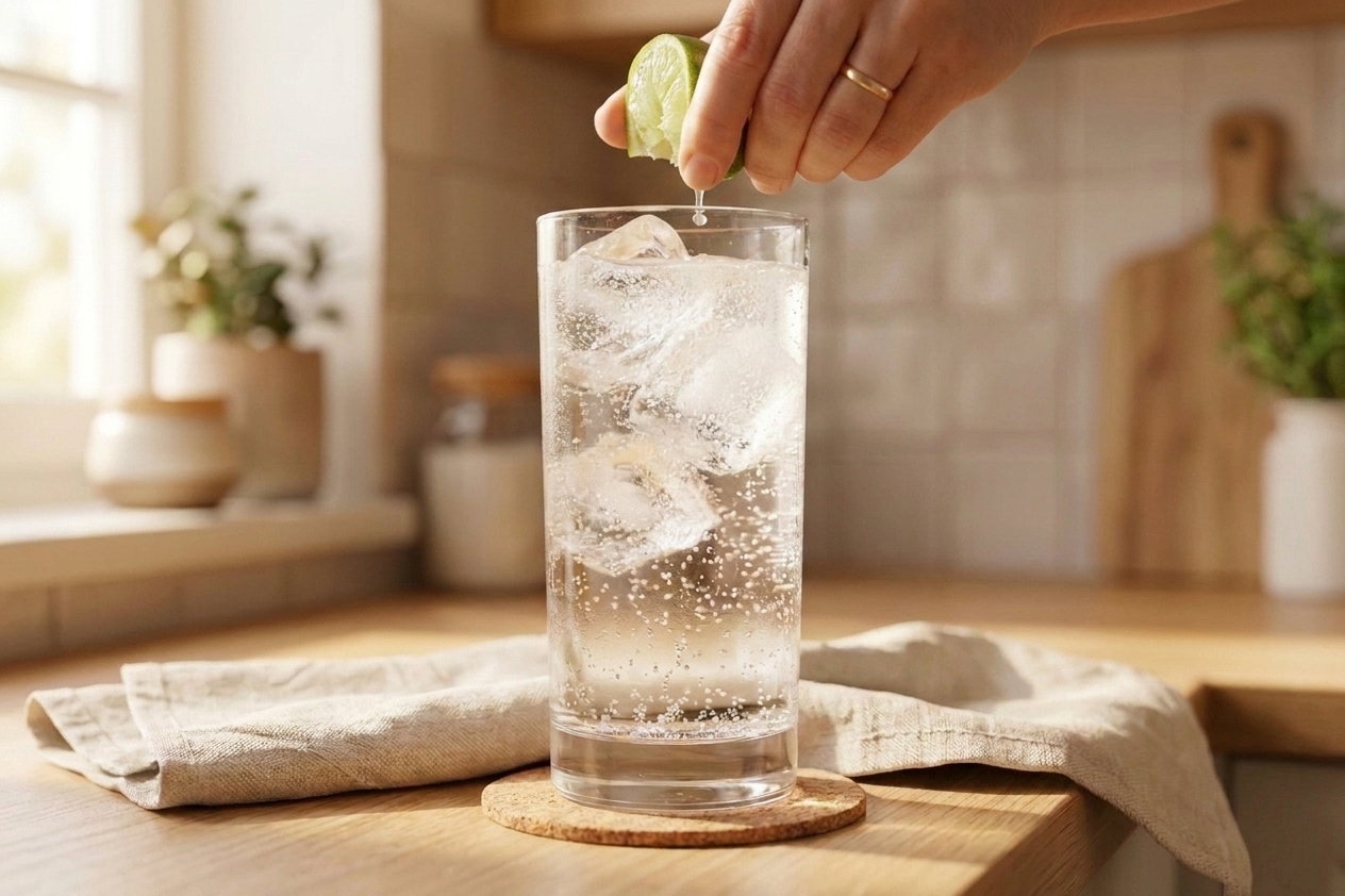 A person squeezing a lime wedge into a tall glass of vodka soda over ice on a clean kitchen counter with warm lighting