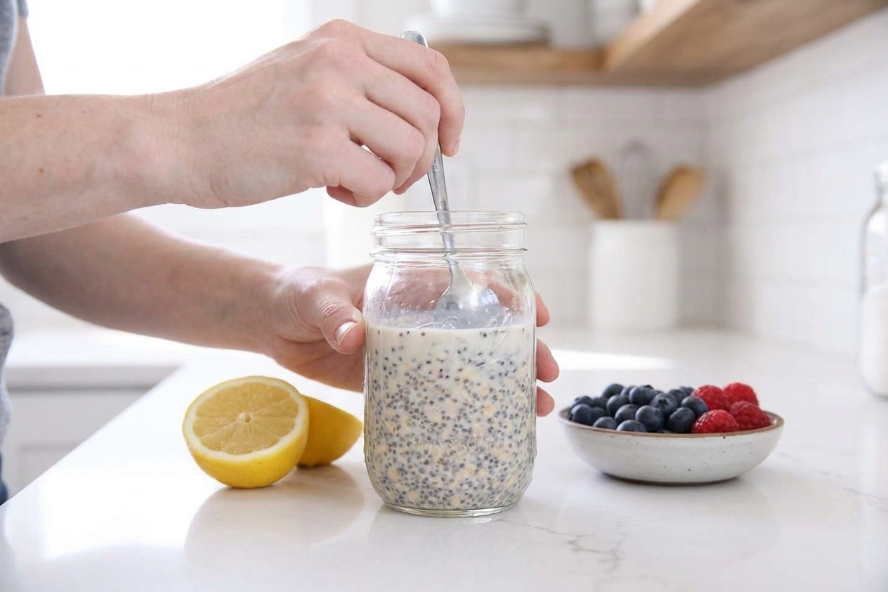 A person stirring chia seeds and oats into a glass jar with a spoon on a kitchen counter, with a lemon and berries nearby