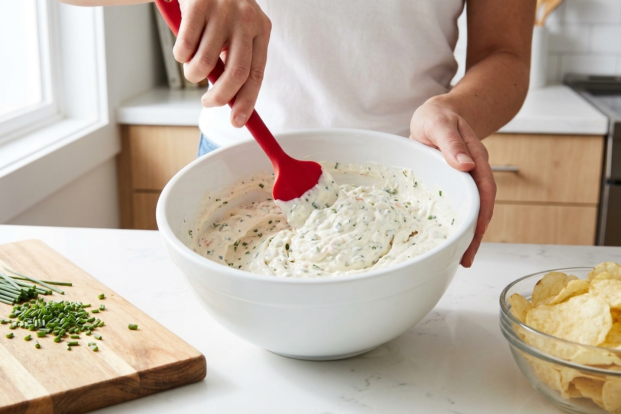 A person stirring clam dip in a white mixing bowl with a rubber spatula on a bright kitchen counter