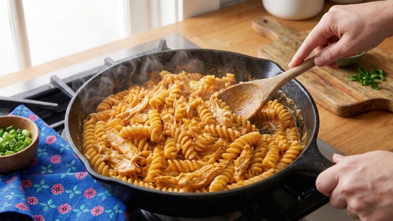 A person stirring creamy Buffalo chicken pasta in a skillet with a wooden spoon on a stovetop under warm kitchen lighting