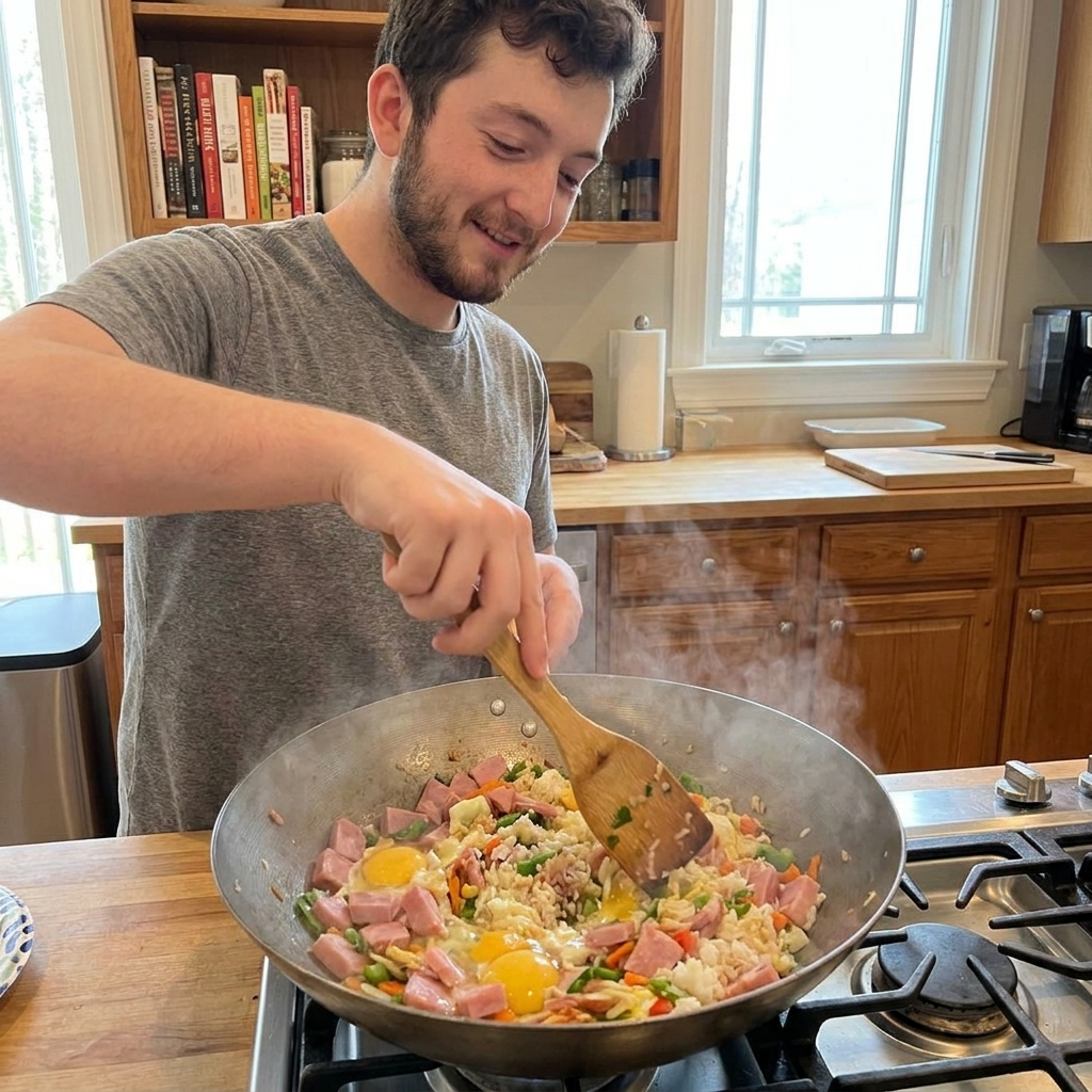 A person stirring ham fried rice in a hot wok with a wooden spatula as steam rises in a home kitchen