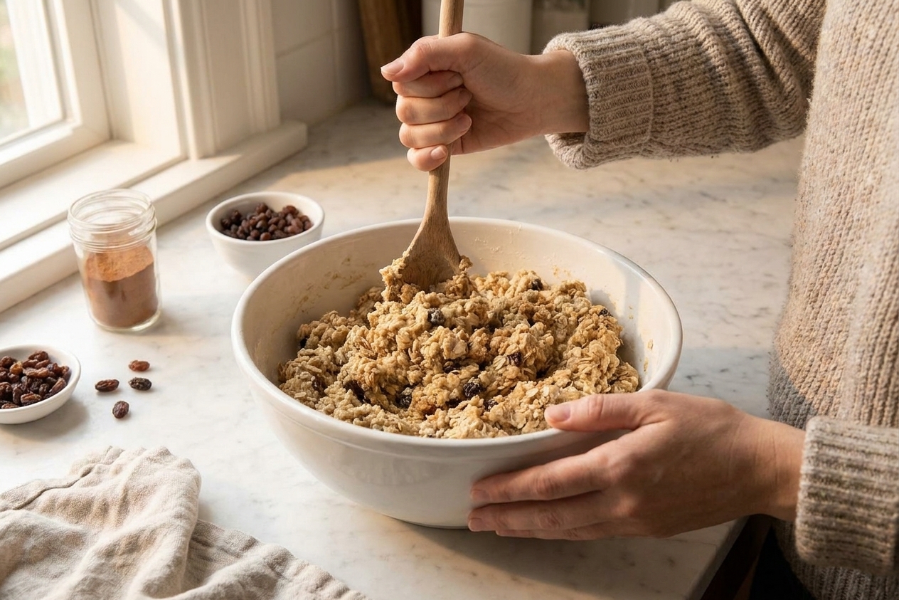 A person stirring thick oatmeal cookie dough in a large bowl with a wooden spoon on a warmly lit kitchen counter
