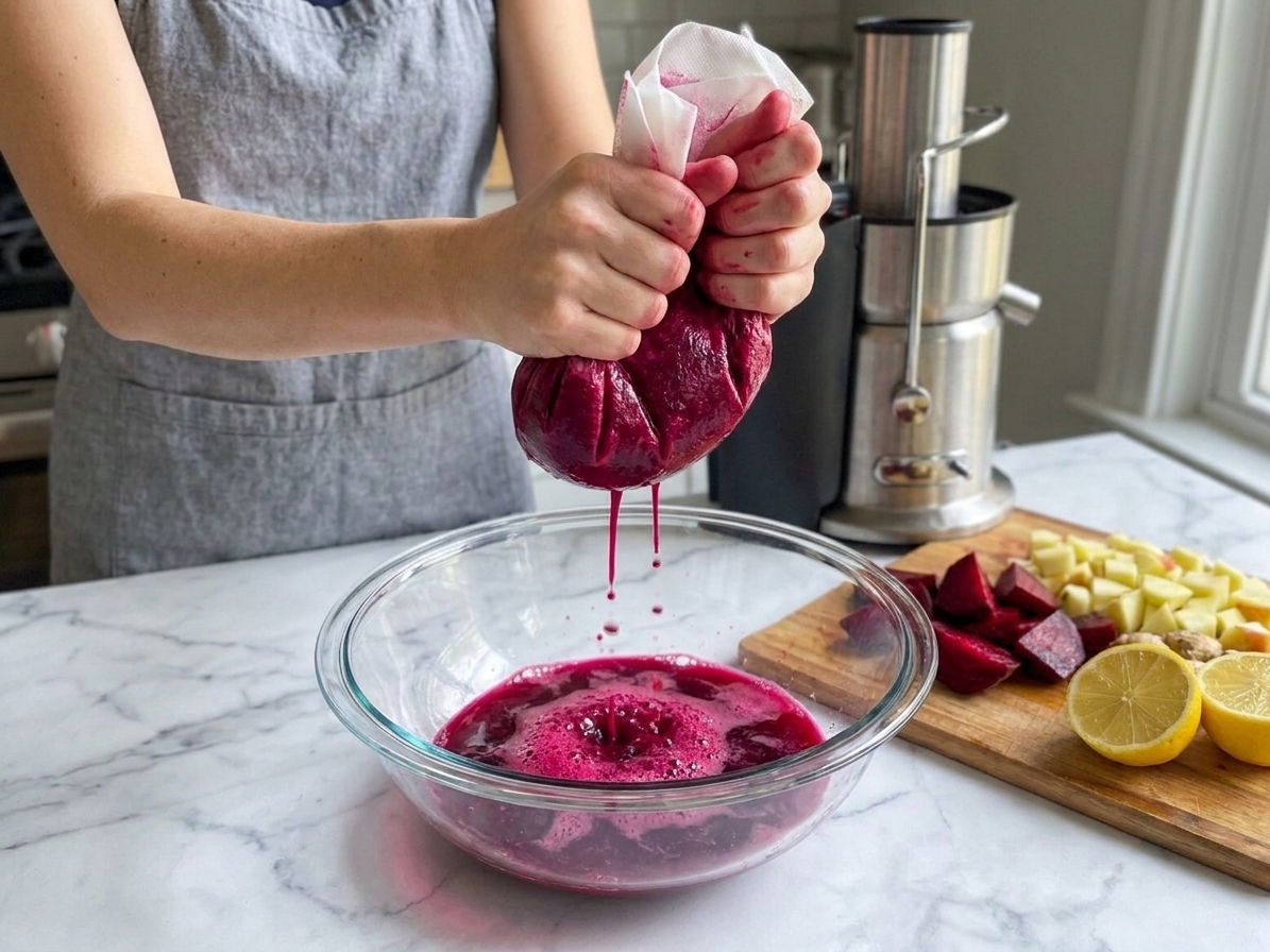 A person straining blended beet juice through a nut milk bag over a large glass bowl on a kitchen counter, with vivid magenta liquid dripping through