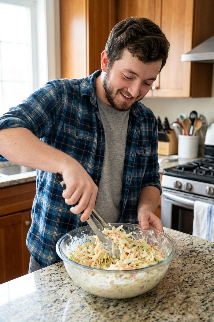 A person tossing creamy coleslaw in a large glass bowl with tongs on a clean kitchen counter