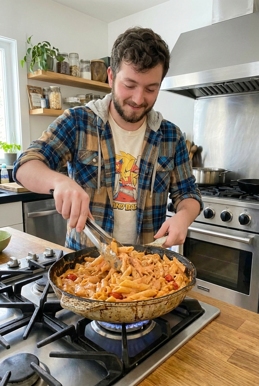 A person tossing creamy tomato chicken pasta in a skillet with tongs on a stovetop