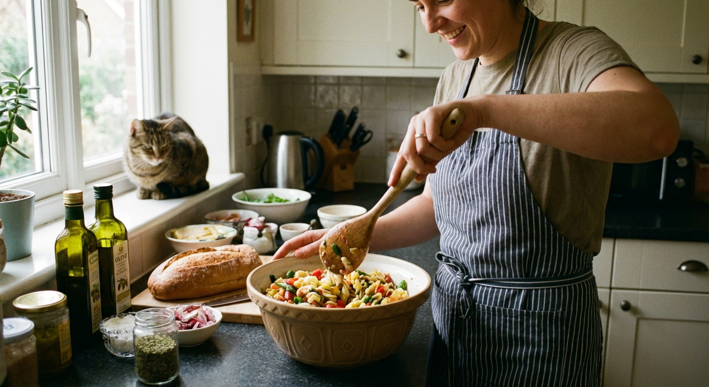A person tossing pasta salad in a large mixing bowl with a wooden spoon in a home kitchen