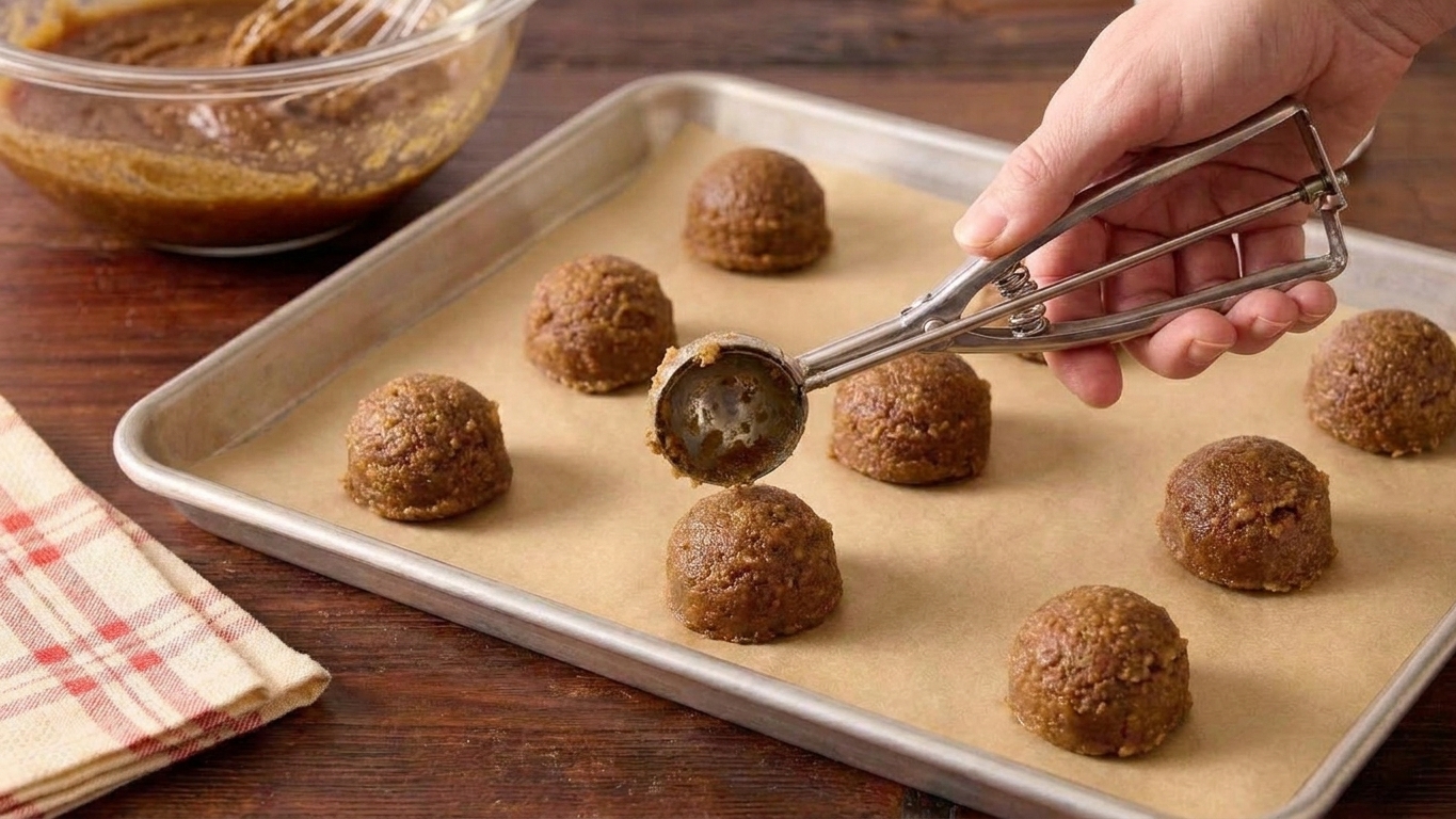 A person using a cookie scoop to portion brown sugar cookie dough onto a parchment lined baking sheet on a home kitchen counter