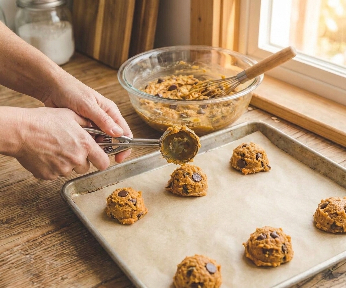 A person using a cookie scoop to portion pumpkin cookie dough onto a parchment-lined baking sheet on a kitchen counter