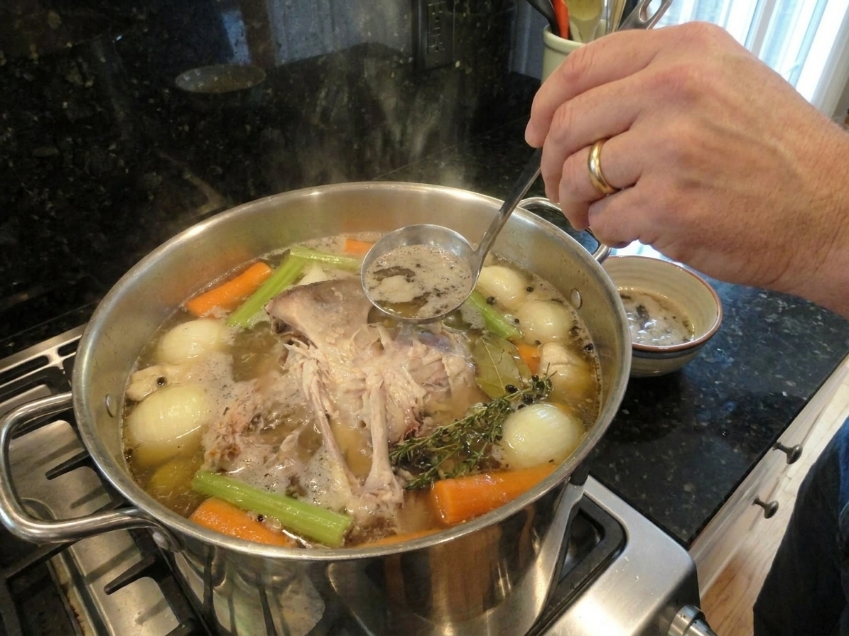 A person using a ladle to skim foam from the top of a gently simmering pot of turkey stock on the stove