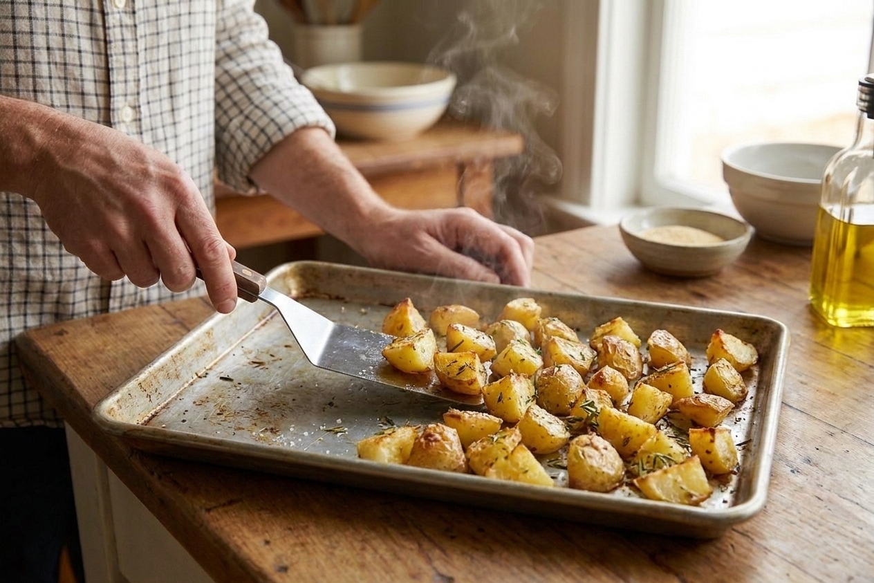 A person using a metal spatula to flip golden roasted potato chunks on a sheet pan in a home kitchen with warm lighting