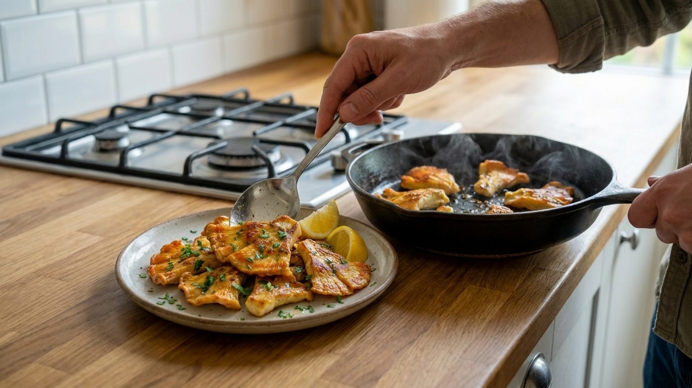 A person using a spoon to serve garlic butter chicken of the woods from a skillet onto a plate on a warmly lit kitchen counter