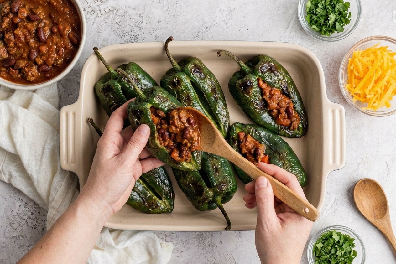 A person using a spoon to stuff thick chili into a roasted poblano pepper in a baking dish on a home kitchen counter