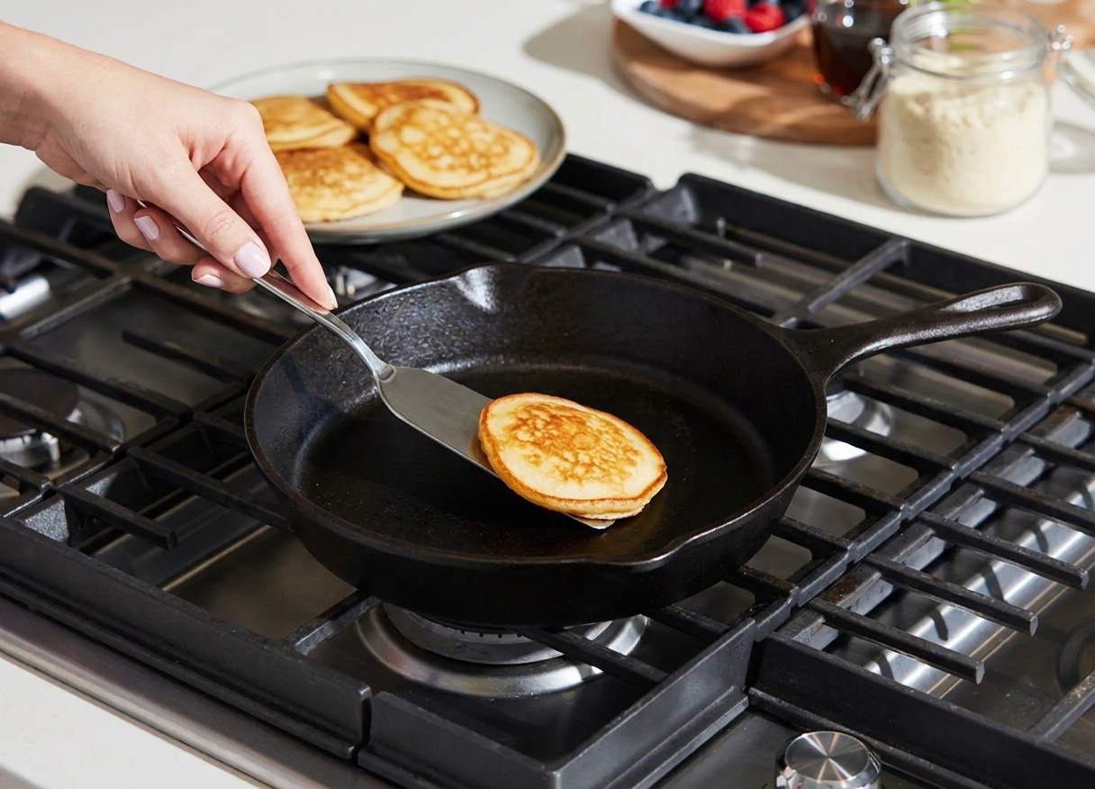 A person using a thin spatula to flip a small golden keto pancake in a skillet on a bright home stove