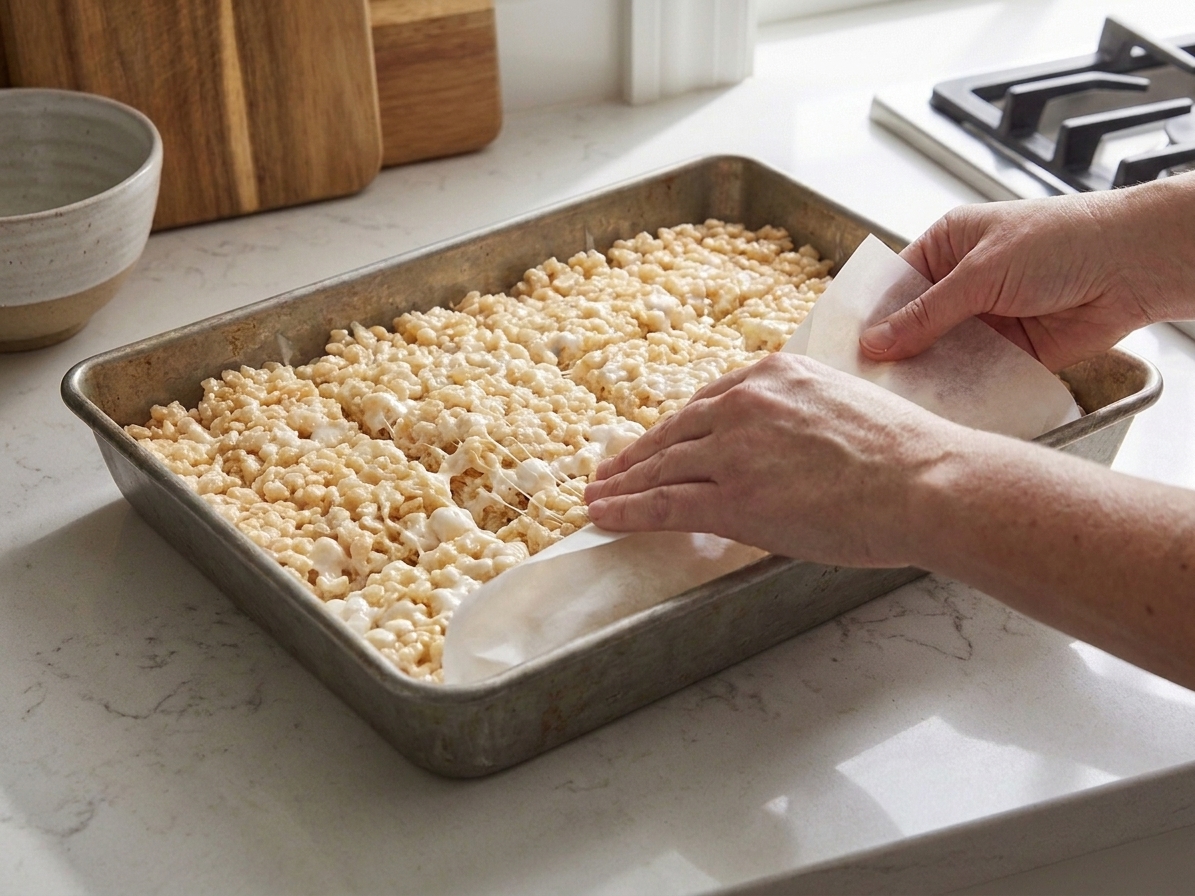 A person using parchment paper to gently press crispy rice cereal mixture into an even layer in a baking pan