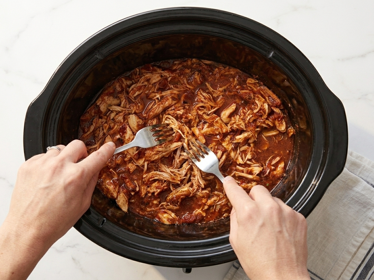 A person using two forks to shred tender slow cooker chicken directly in the crock insert with salsa sauce on a tidy kitchen counter