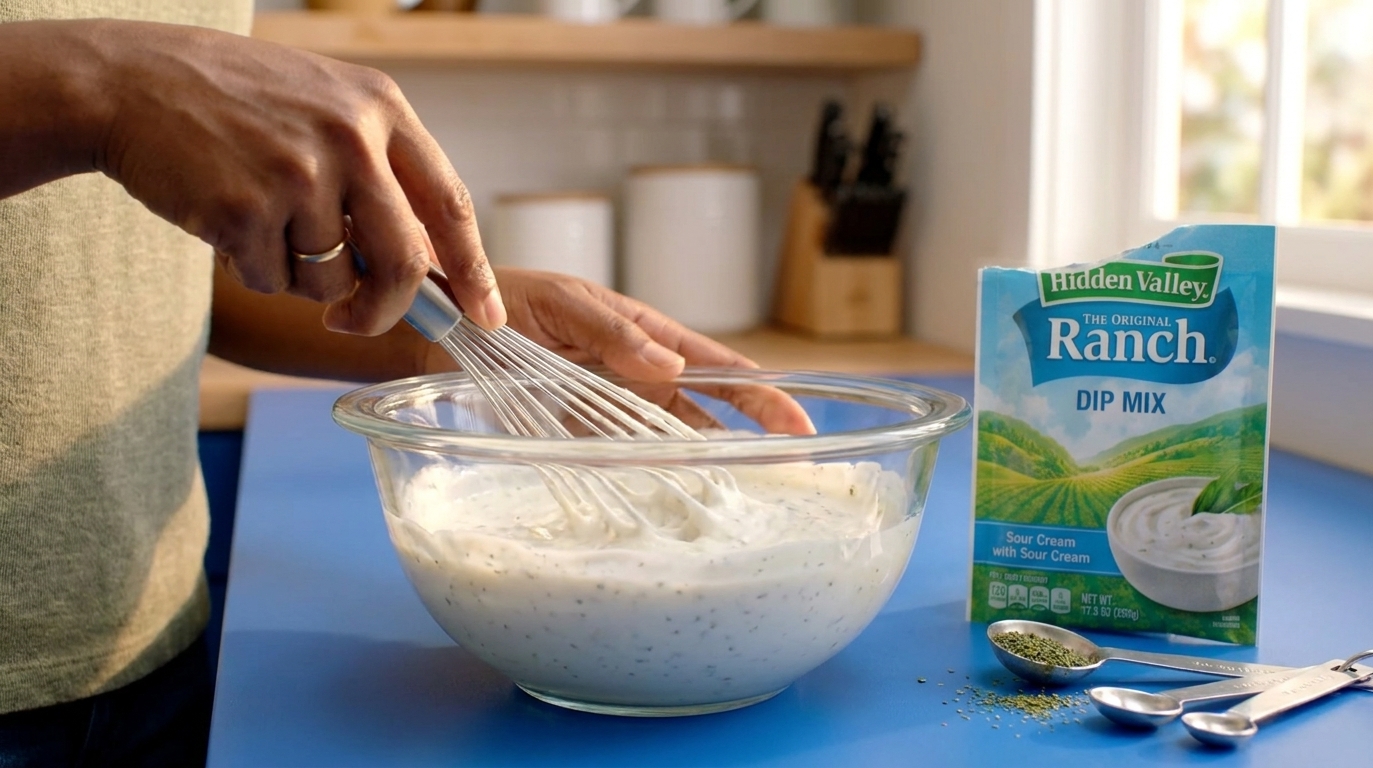 A person whisking creamy ranch dip in a glass mixing bowl on a kitchen counter, with a ranch seasoning packet and measuring spoons nearby in warm natural light