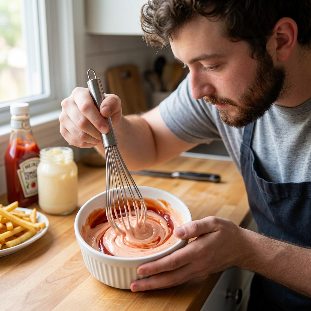 A person whisking mayonnaise and ketchup together in a small white bowl to make pink fry sauce on a kitchen counter, close-up, photorealistic food photography