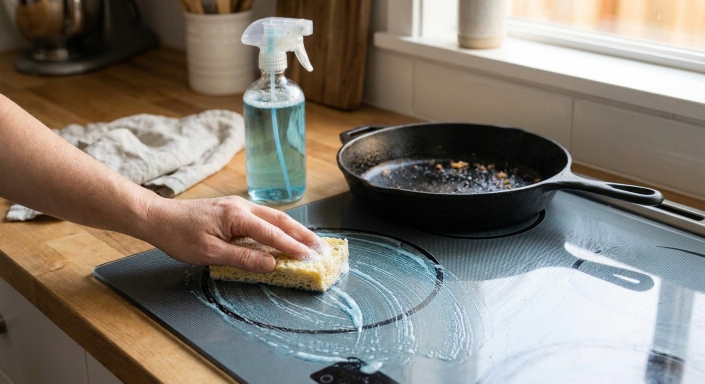 A person wiping a glass stovetop with a yellow sponge after spraying cleaner, with a skillet and utensils nearby
