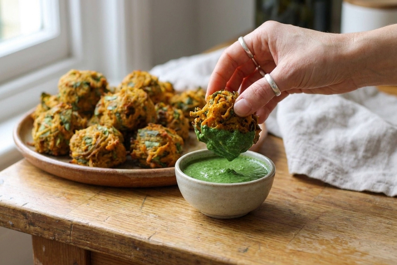 A person’s hand dipping a crispy onion pakora into a small bowl of green mint chutney at a simple kitchen table