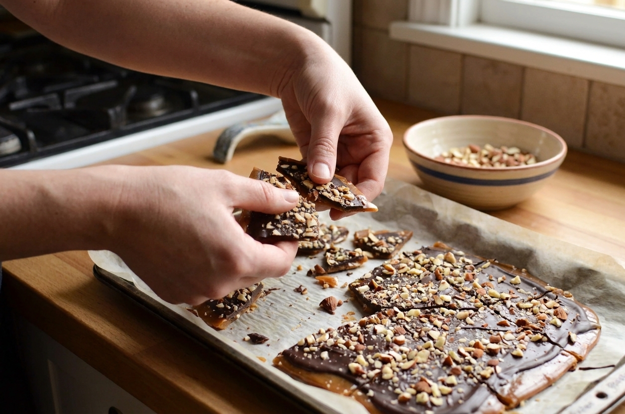 A person’s hands breaking a cooled sheet of English toffee into irregular pieces over a parchment-lined baking sheet in a home kitchen