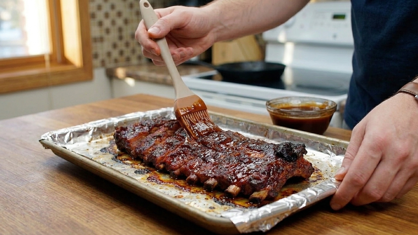 A person’s hands brushing barbecue sauce onto cooked ribs on a sheet pan in a home kitchen